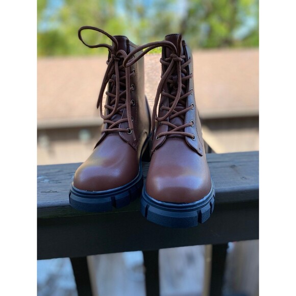 IDIFU Brown Chunky Combat Boots Women’s 7 Lace-Up Ankle Winter Boots NIB Workwea - Picture 4 of 12